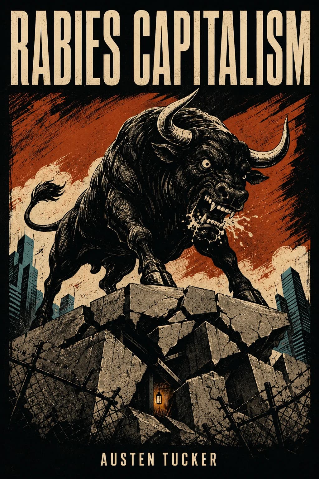Cover of Rabies Capitalism by Austen Tucker: a snarling bull stands on crumbling foundations in a black, ivory, and rust woodcut illustration.