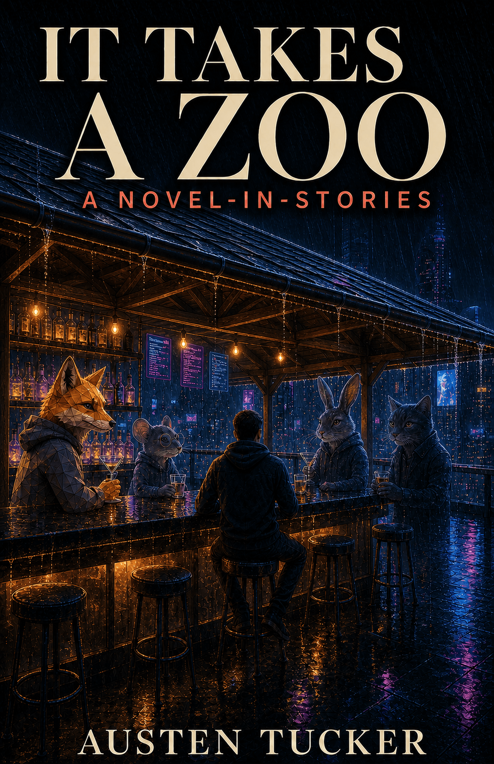 A sheltered open-air virtual bar overlooks a rainy neon city. A low-poly fox and painterly mouse, rabbit, cat, and human share drinks beneath the roof.