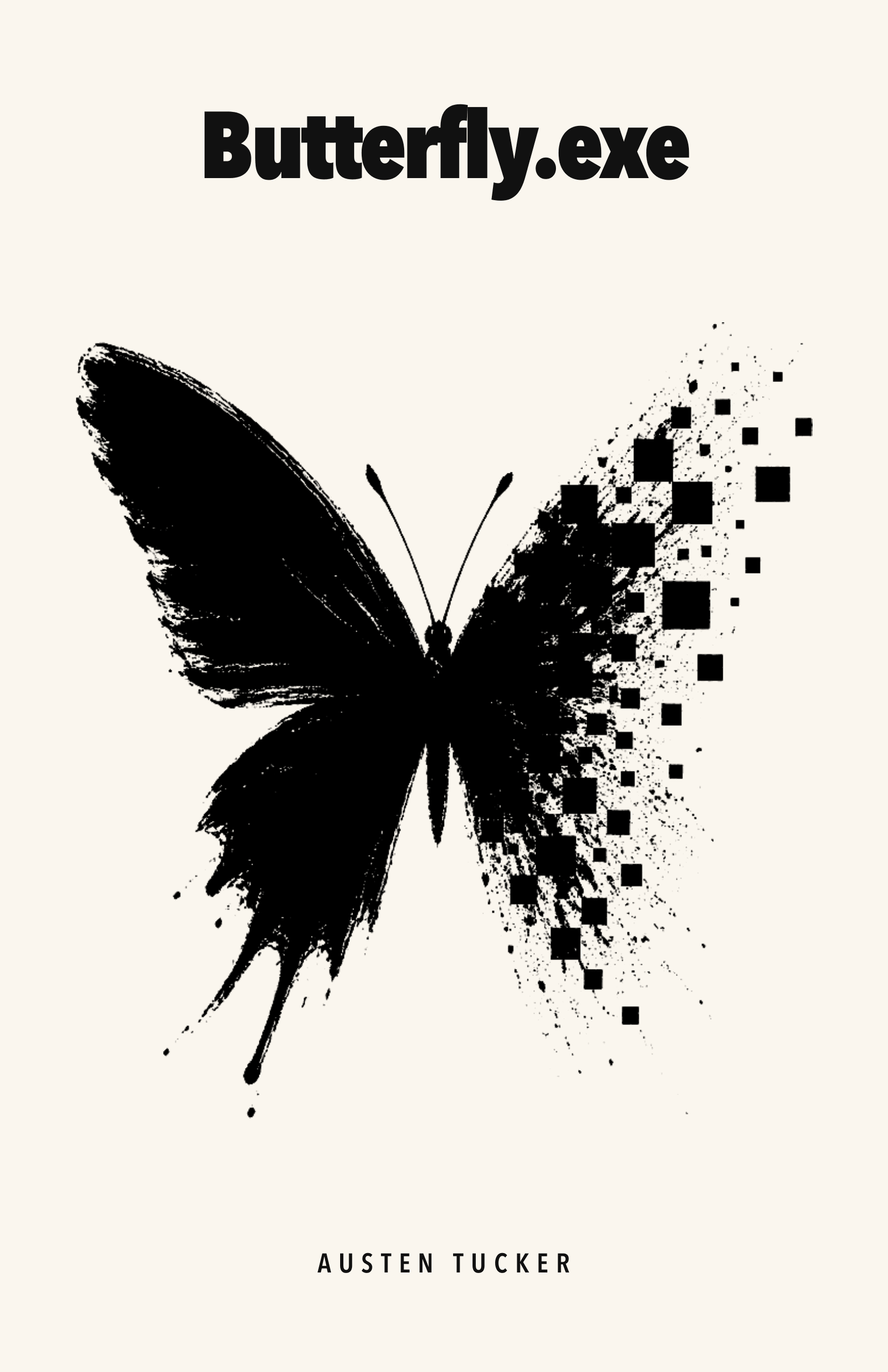 Black ink butterfly breaking into square digital fragments on cloth-white paper.