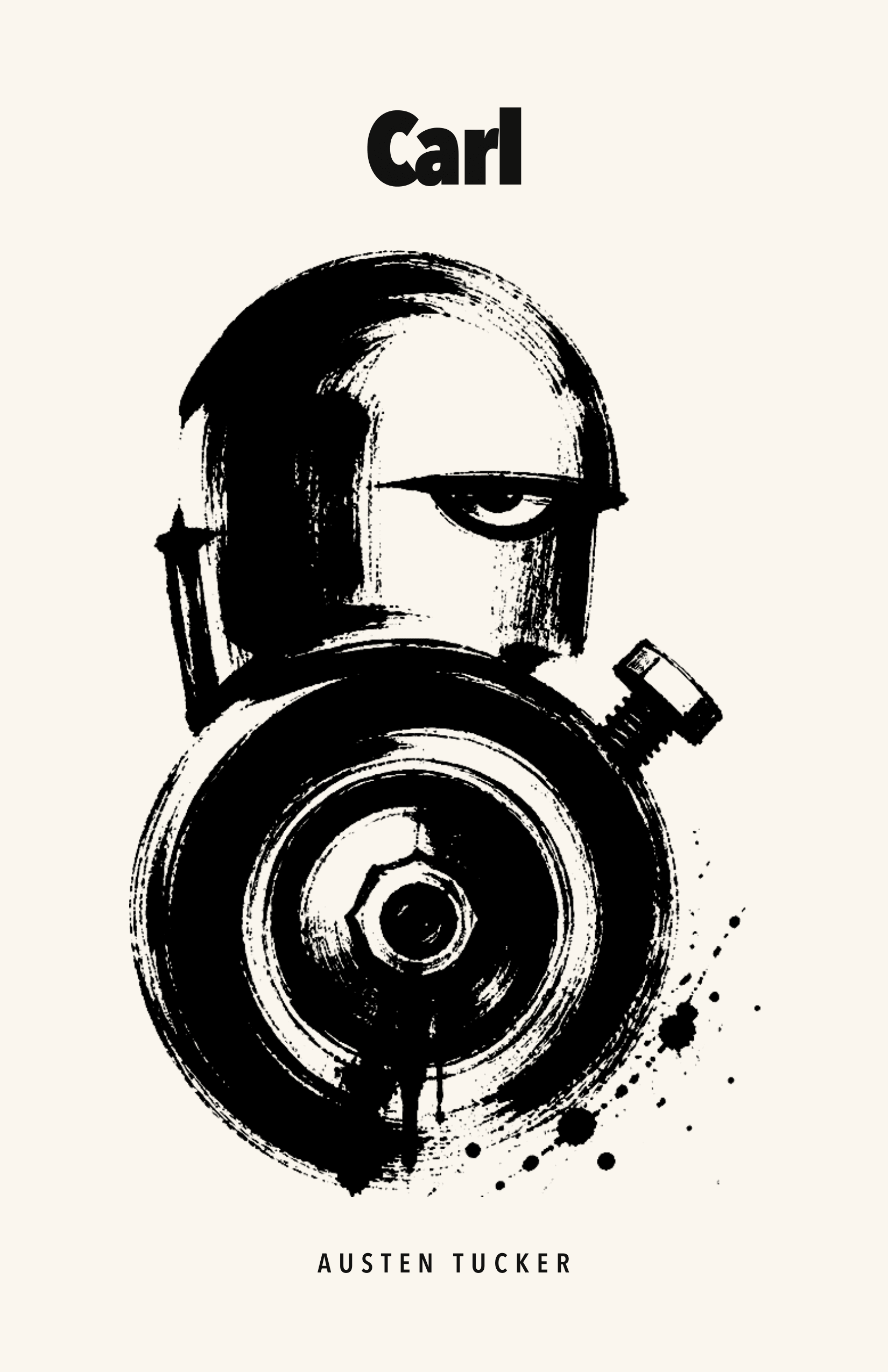 Black ink emblem of an android face and cart wheel on cloth-white paper.