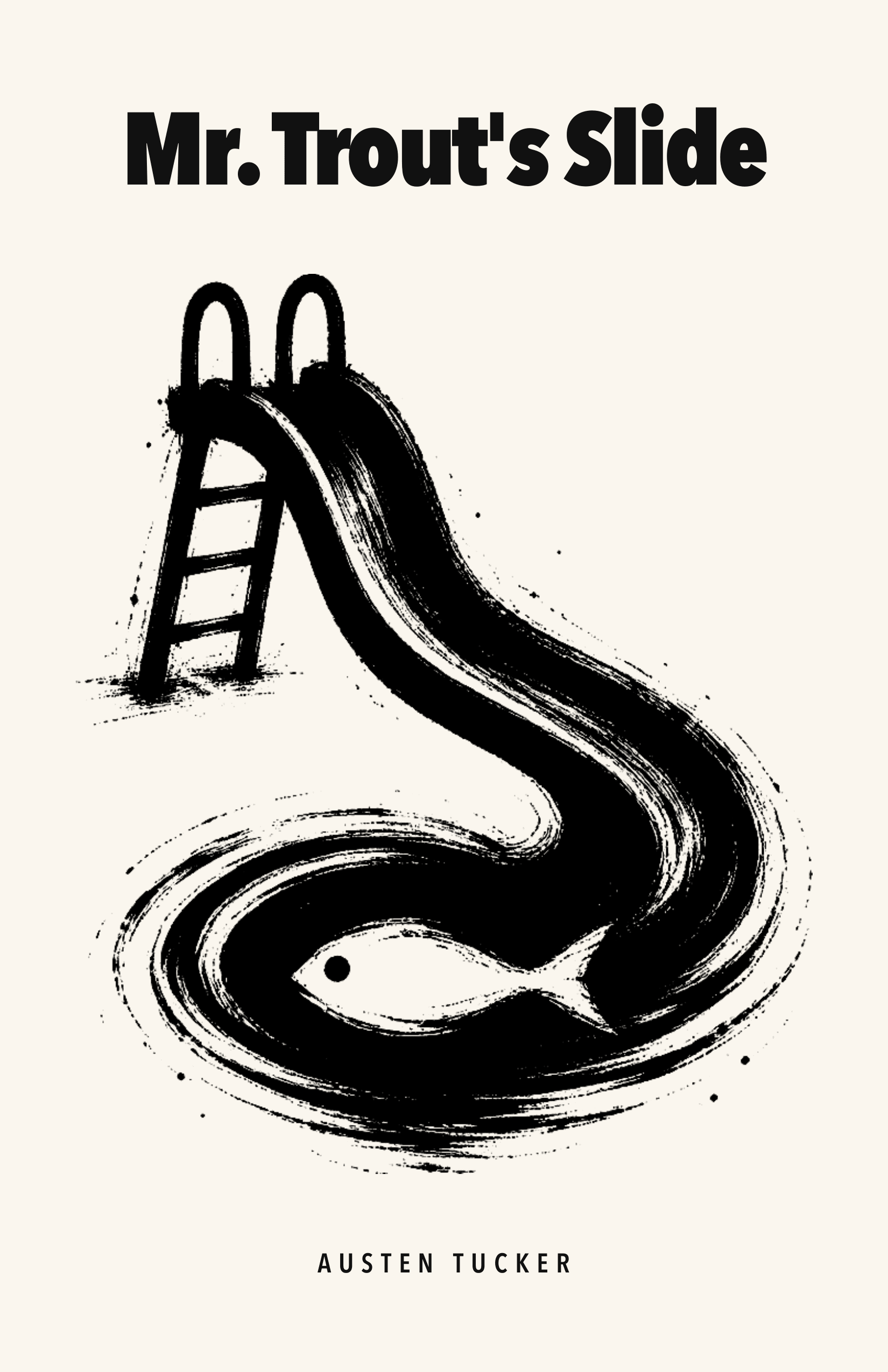 Black ink playground slide descending into a fish-shaped lake ripple on cloth-white paper.