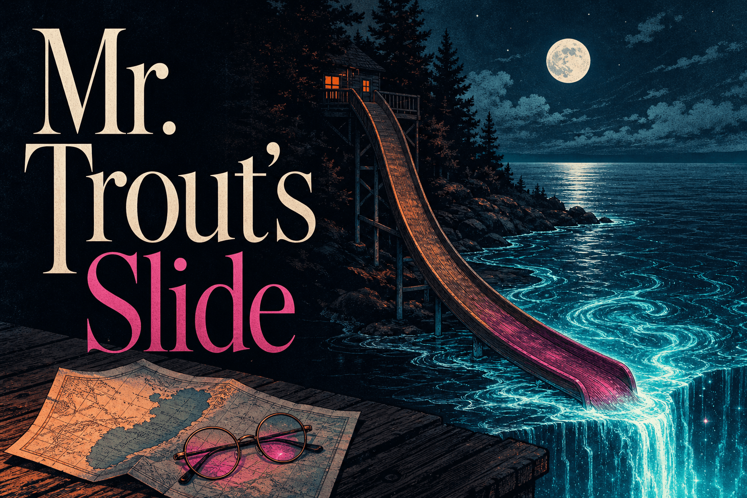 Mr. Trout’s Slide — a moonlit slide descends from a lakeside cabin into luminous water