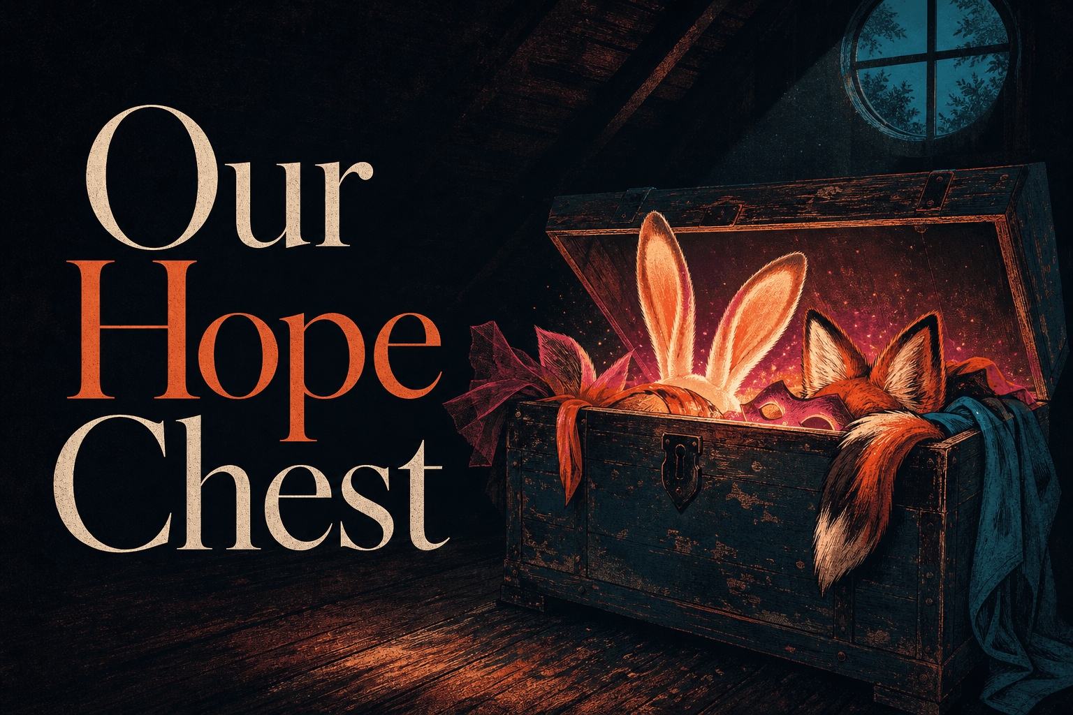 Our Hope Chest — glowing animal costumes inside a weathered chest in a dark attic