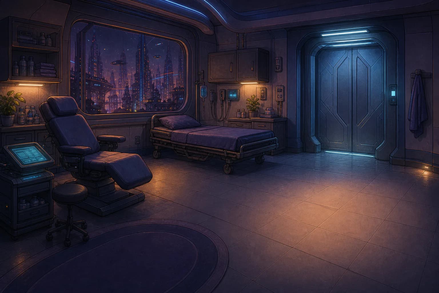 A near-future medical preparation room overlooking the Virtuport city at night