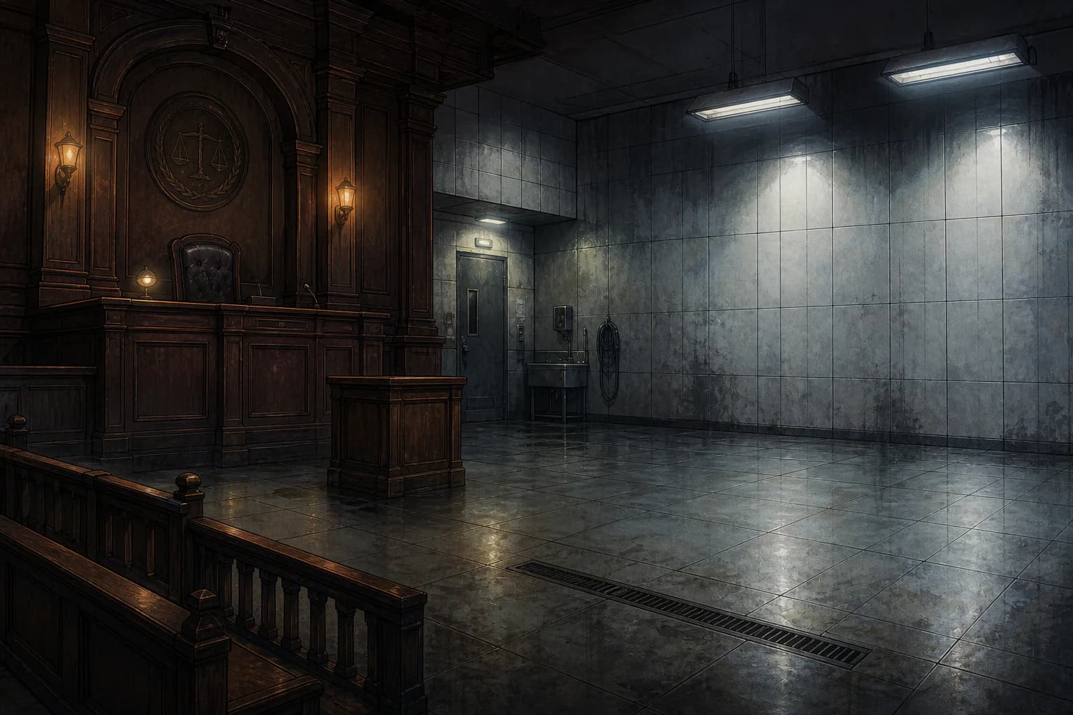 A courthouse where an old wooden bench meets a sterile tiled execution chamber and floor drain