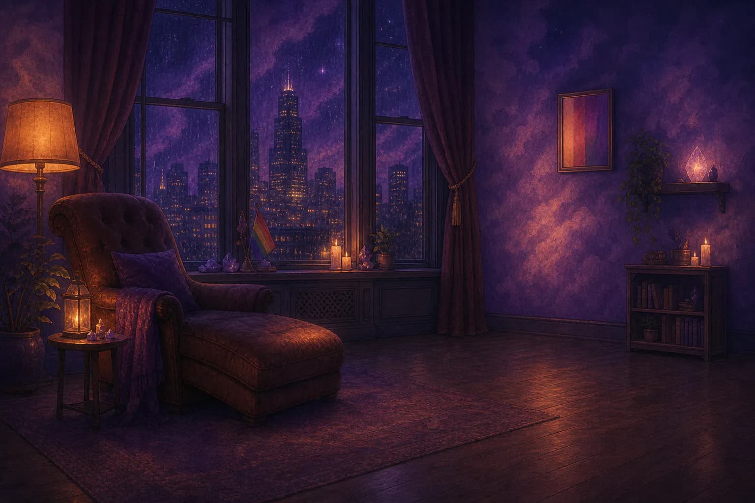 A warm therapist office overlooking Chicago at night, centered on one deep reclining chair