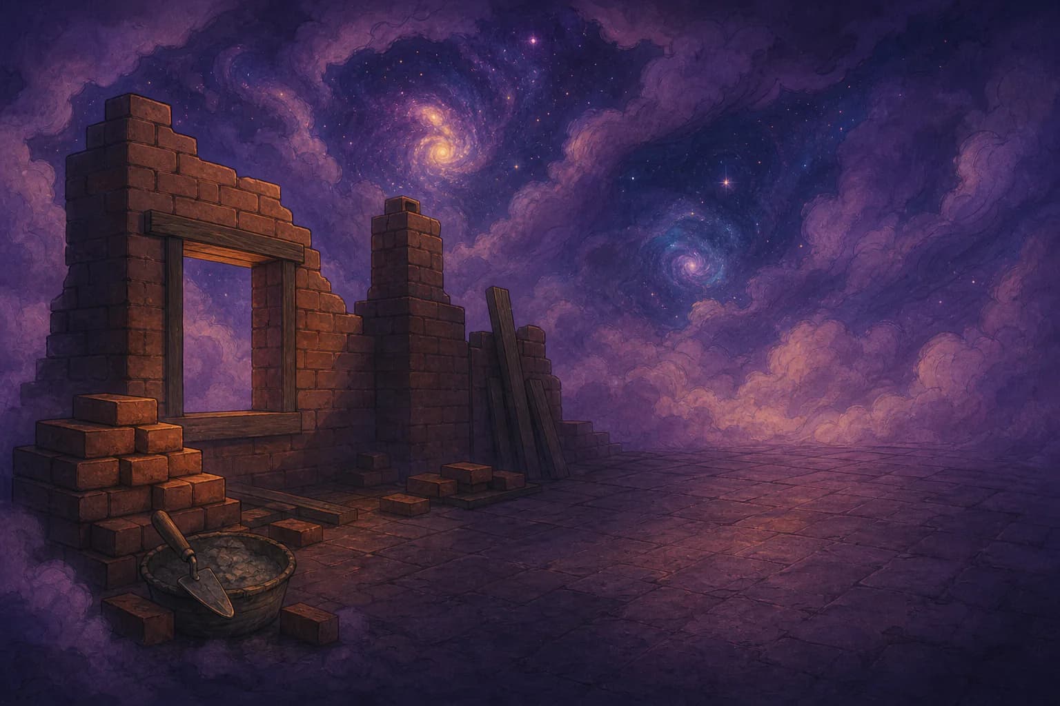 An unfinished brick house standing in purple mist beneath distant galaxies
