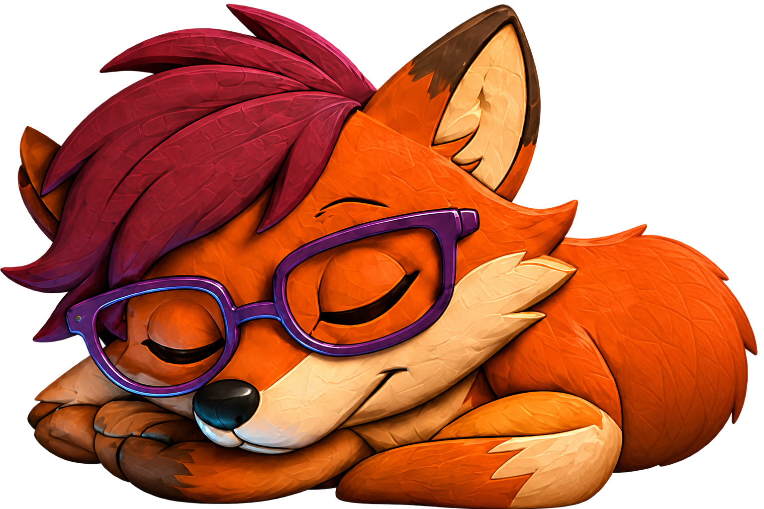 A sleeping orange fox with purple glasses and a magenta feathered tuft.